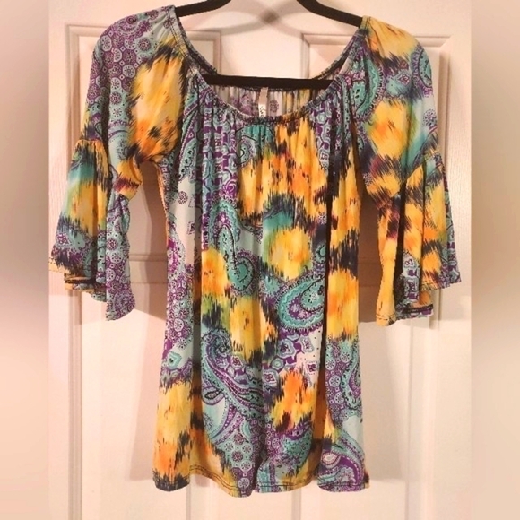 VOLL Brand Women's Colorful Flounce Sleeve Top Shirt Size Small. - Picture 1 of 3
